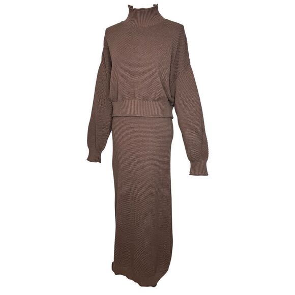 Free People Hailee Sweater Skirt Set M Brown Mock Neck Cropped Pullover Midi - Picture 8 of 13
